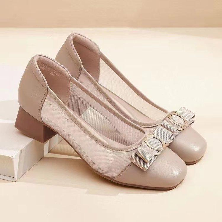 Mesh single shoes soft sole spring and summer shoes medium heel thick heel leather shoes temperament sandals