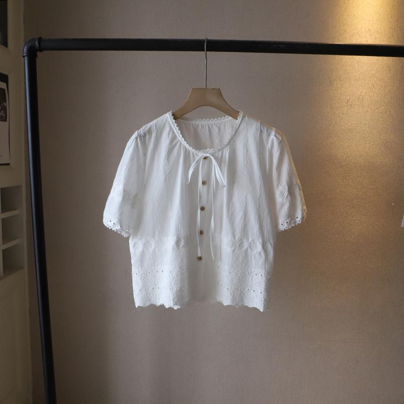 2025 Summer Korean Round Neck Tie-Up Embroidered Cutout Short Sleeve Women's Top