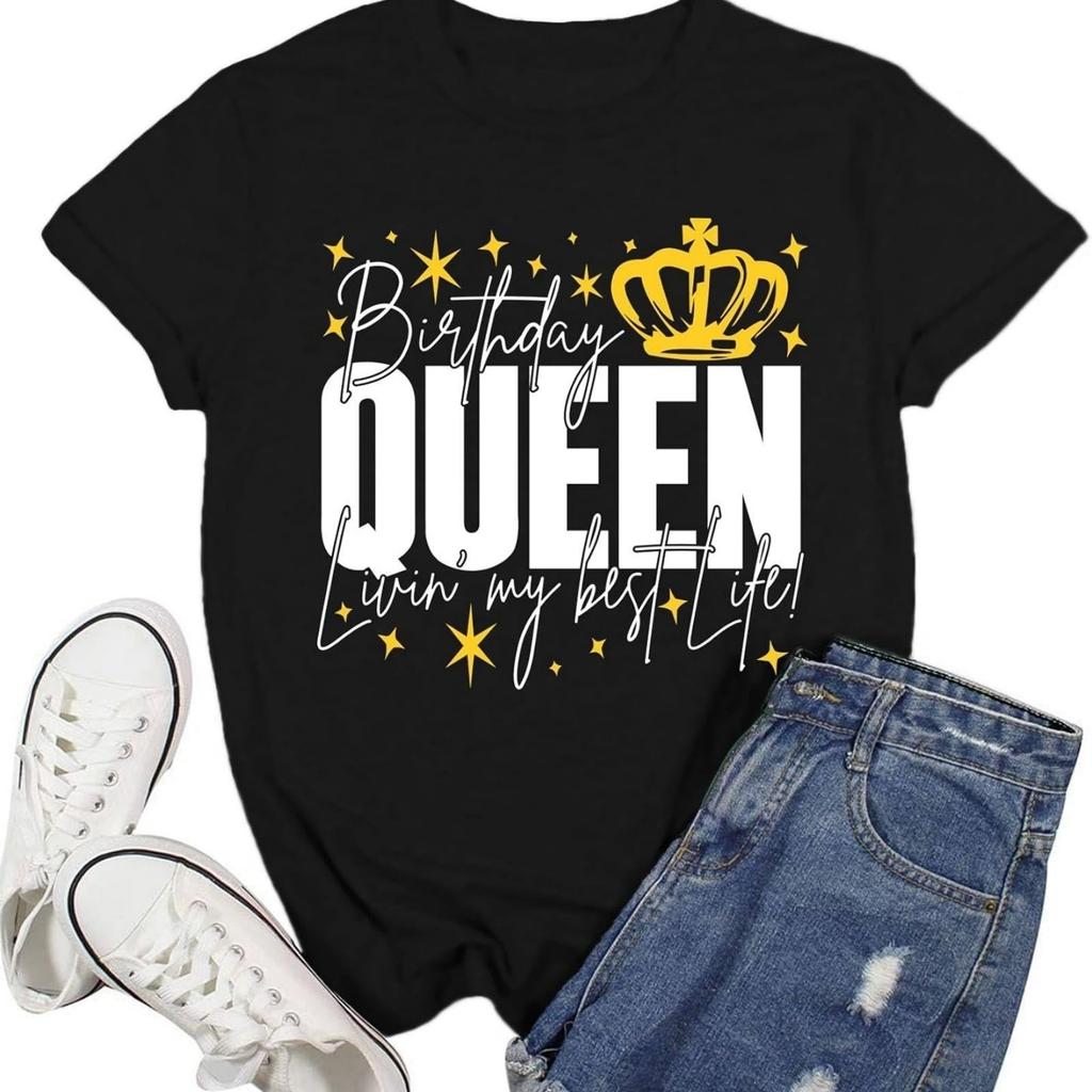 Birthday Shirts for Women Birthday Queen Letter Print T-Shirt Happy Bday Crew Tee Tops