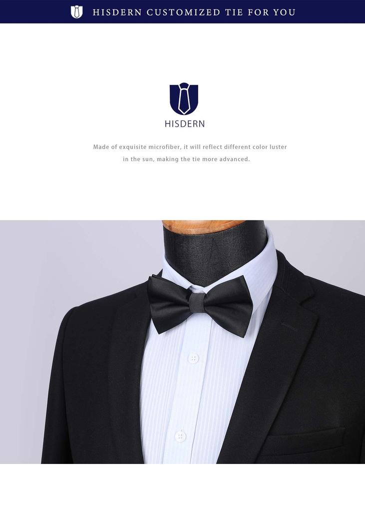 [HISDERN] Black Bow Tie for Men, Plain Silk, Formal Wear, Hook Closure, Easy to Put On and Take Off, Party Gift By BR-04