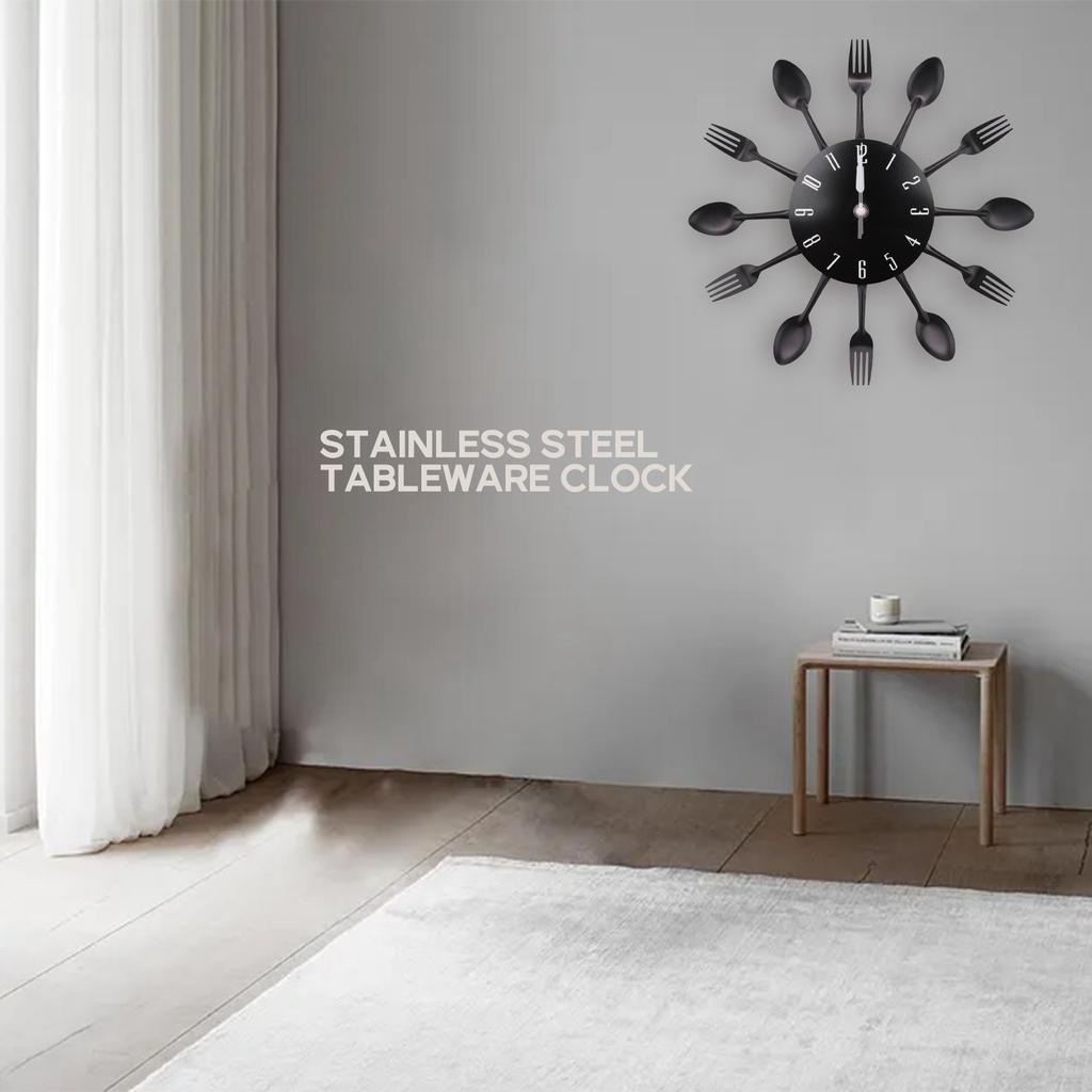 ABBY-Home Decorations Noiseless Stainless Steel Cutlery Clocks Knife And Fork Spoon Wall Clock Kitchen Restaurant Home Decor