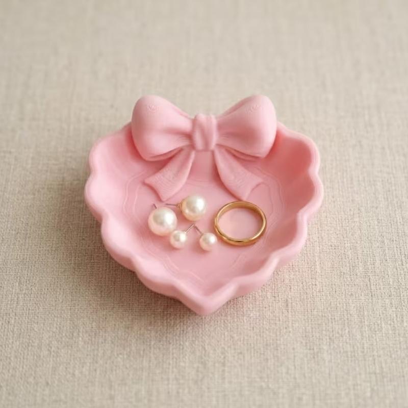 Elegant Heart Shape Jewelry Tray With Pink Bowknot Decoration For Earrings Rings And Necklaces Organizers