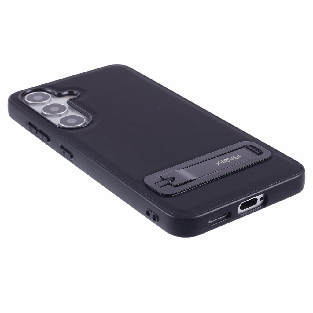 X-LEVEL For Samsung Galaxy S25 Phone Case Leather Coated PC TPU Back Cover with Metal Kickstand