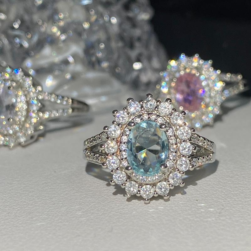 2026 Aquamarine Sunflower Ring Women's Light Luxury High-End Full of Diamond Flower Ring