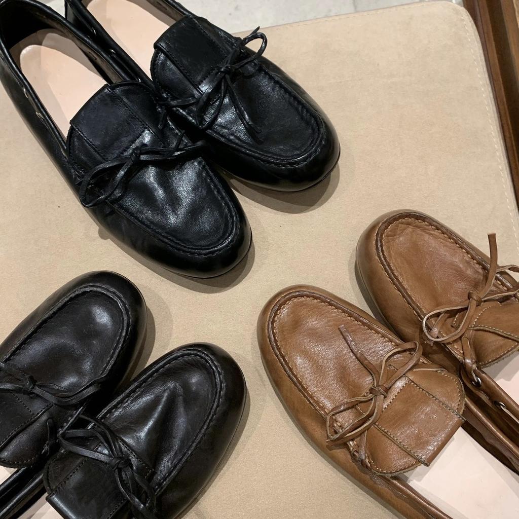 Grape Home~ Cowhide Edition Sydney Weekend~ Washed Horse Leather Pattern British Style Bow Doudou Loafer Leather Shoes Women