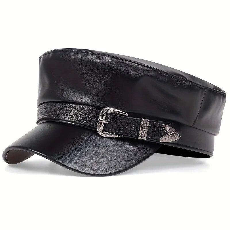 Moda Donna Fibbia Grande Cintura Cappello in Pelle Primavera Autunno Cappelli da Marinaio Nero Berretto da Donna Cappelli Piatto Capitano Militari da Uomo