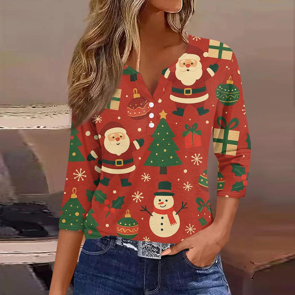 Women's Fashion Casual Christmas Print V-Neck Short Sleeve Decorative Button Three-quarter Sleeve T-shirt Top