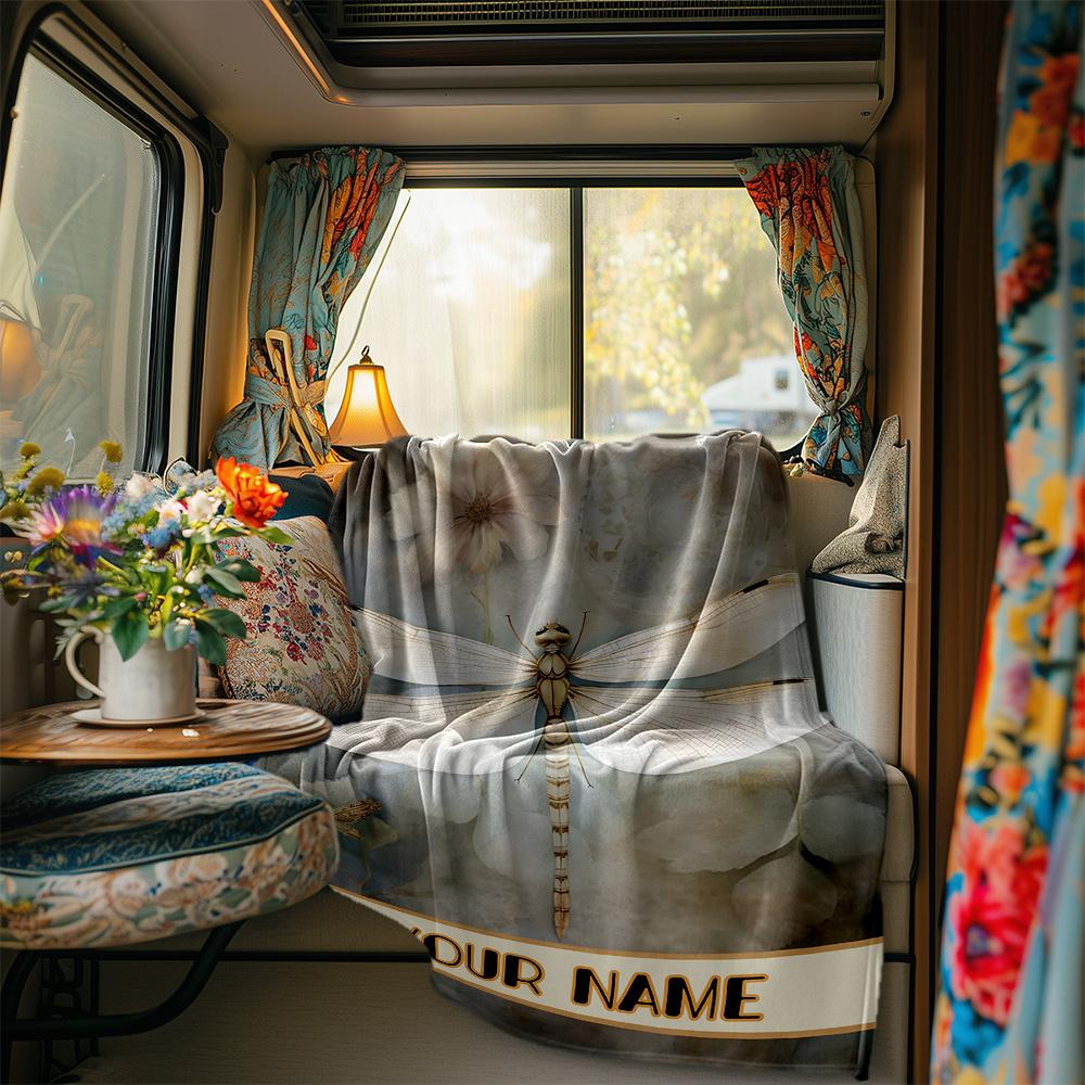 Elegant Dragonfly And Floral Artwork Design Rv Blanketcustomizable With Your Namecomfortable And Stylish Perfect For Rv Travel Beds Chairs Offices