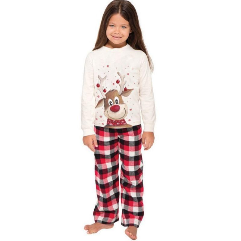 Parent-child cotton material deer printing round neck plaid Christmas parent-child set autumn and winter