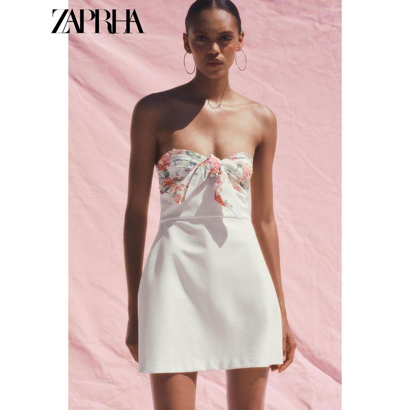 Zaprha 2025 Summer New Sweet Flower Print Thin Scarf off-Shoulder Short Dress 3067303