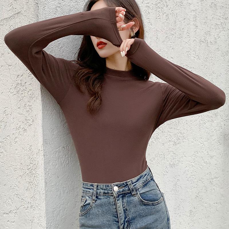 Coconut Oil Base Shirt for Women In Autumn and Winter New Korean Style Slim Fit and Velvet Round Neck Long Sleeve Versatile Warm Top