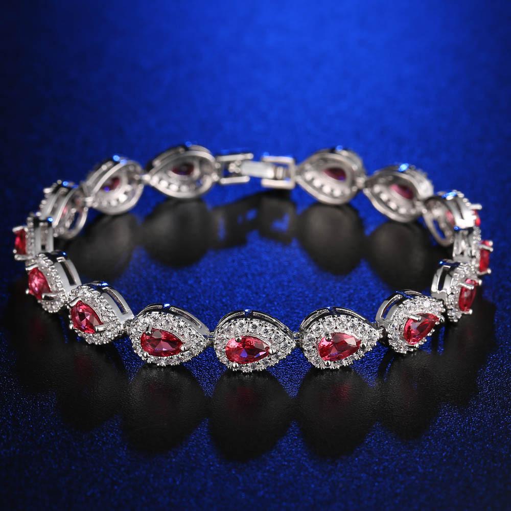 Vintage Teardrop CZ Chain & Link Bracelet Red Women's Zircon Waterdrop Custom Color CZ Stone Silver/Gold Plated Gift for Women