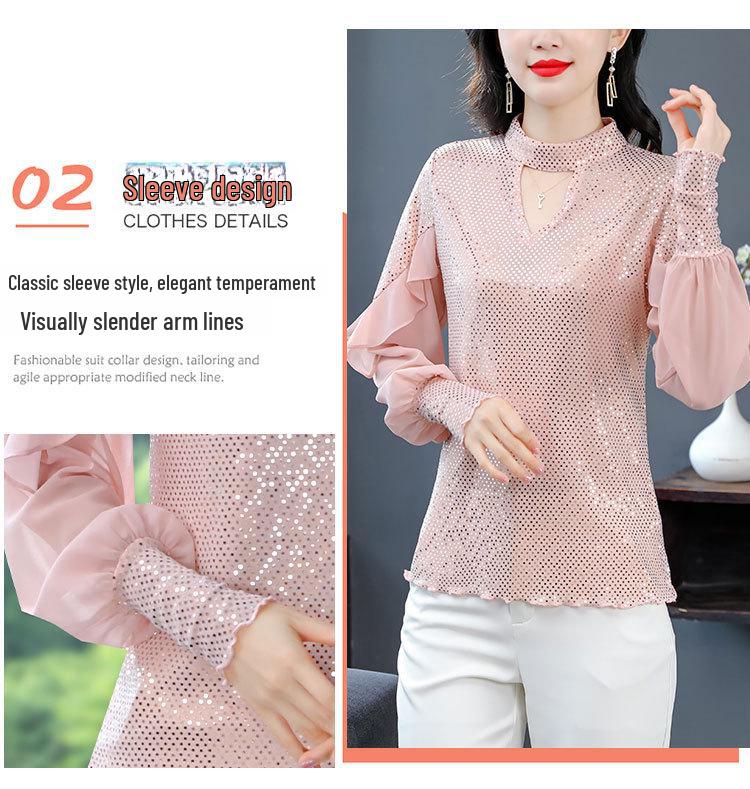 2024 Spring Sequined Slim Long-Sleeve Korean Style Top - Elegant and Versatile