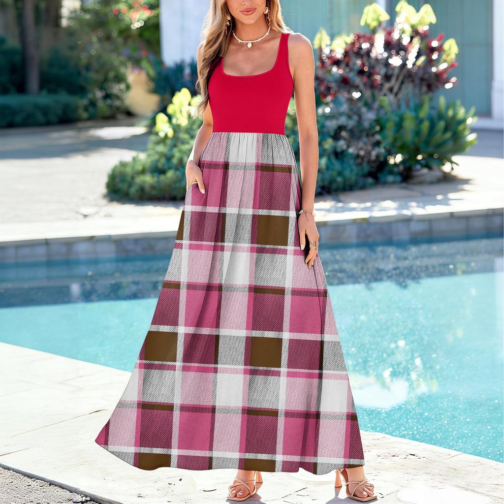 Ladies' Plaid Printed Summer Casual and Fashionable Sleeveless Long Dress