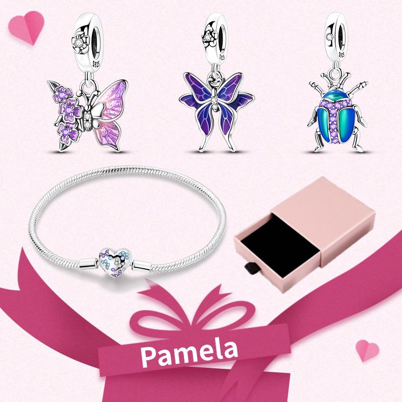 Pink Heart Charm Set 925 Original Silver Charms Bracelet With Gift Box For Women Wedding Anniversary Jewelry Gift 4pcs/lot