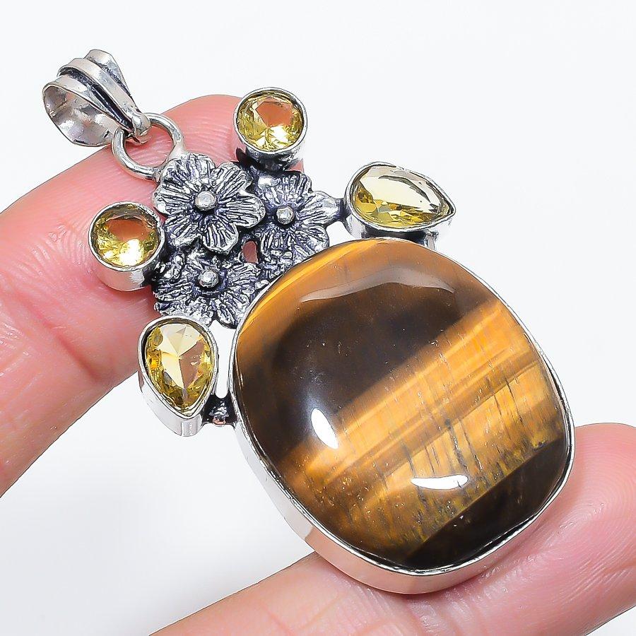 Natural Tiger Eye, Citrine 925 Sterling Silver Jewelry Pendant 2.29" q5V05