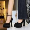 Wind round head satin word with high heels, light mouth waterproof table thick heel women's shoes, super high heel single shoes women