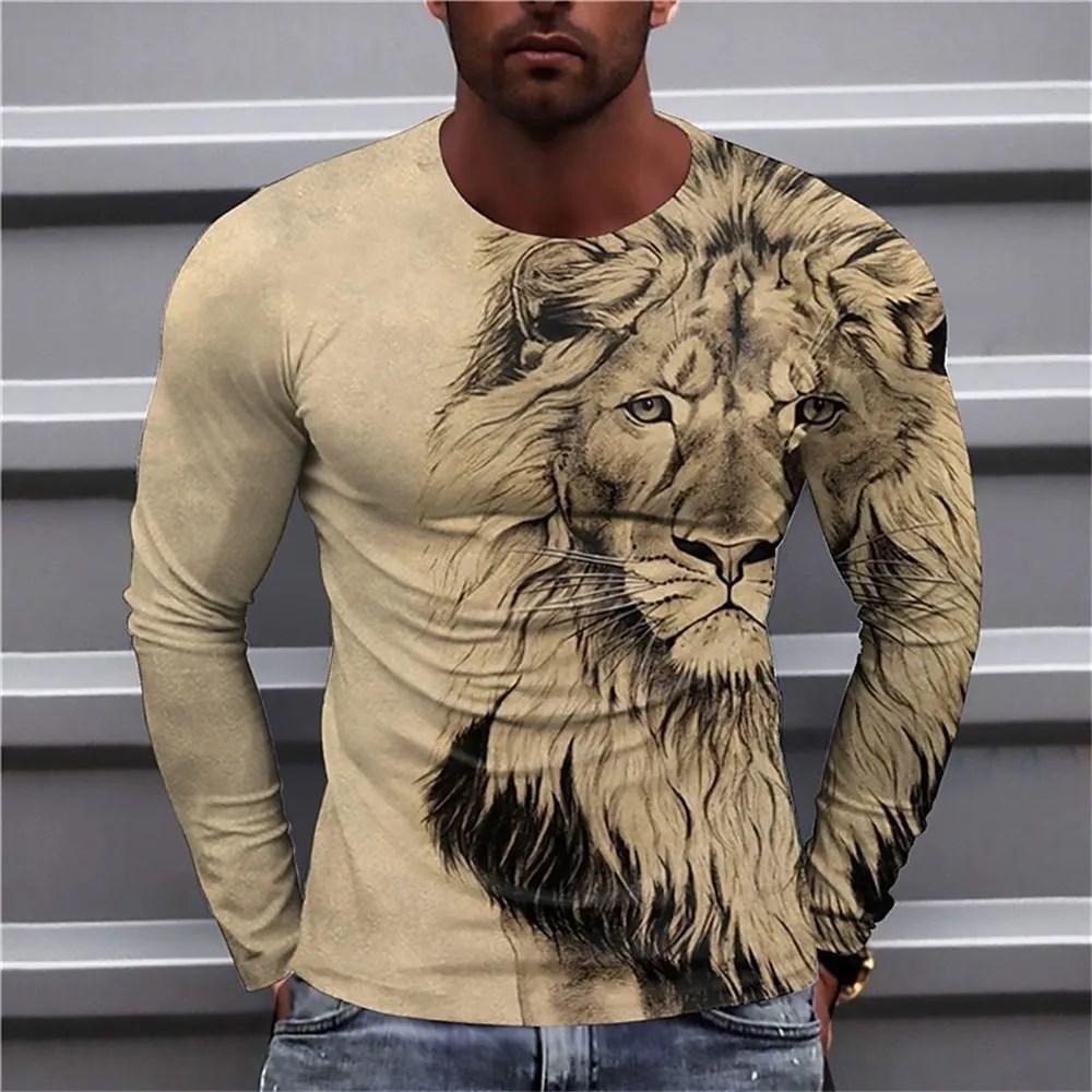 2023 Autumn Plus Size O-Neck Long Sleeve T-shirt Men's Clothing Men's T-shirt 3D Animal Print Top Casual Street Vintage T-shirt