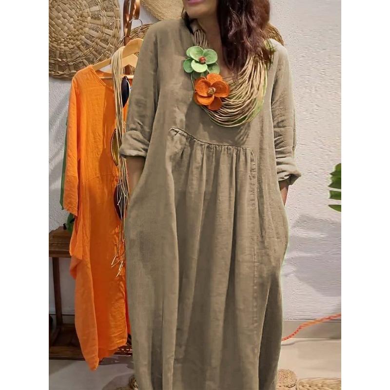 New Women'S V-Neck Casual Solid Color Cotton And Linen Dress