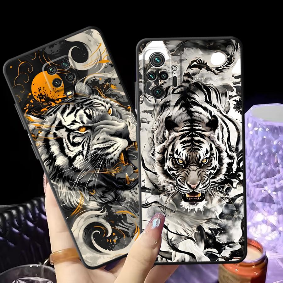 Black Soft Phone Cover Case for Xiaomi Redmi Note 11s 10S 13 14 Pro Plus 12s 7 8 9 10 11 12 9S Cool Silver Tiger