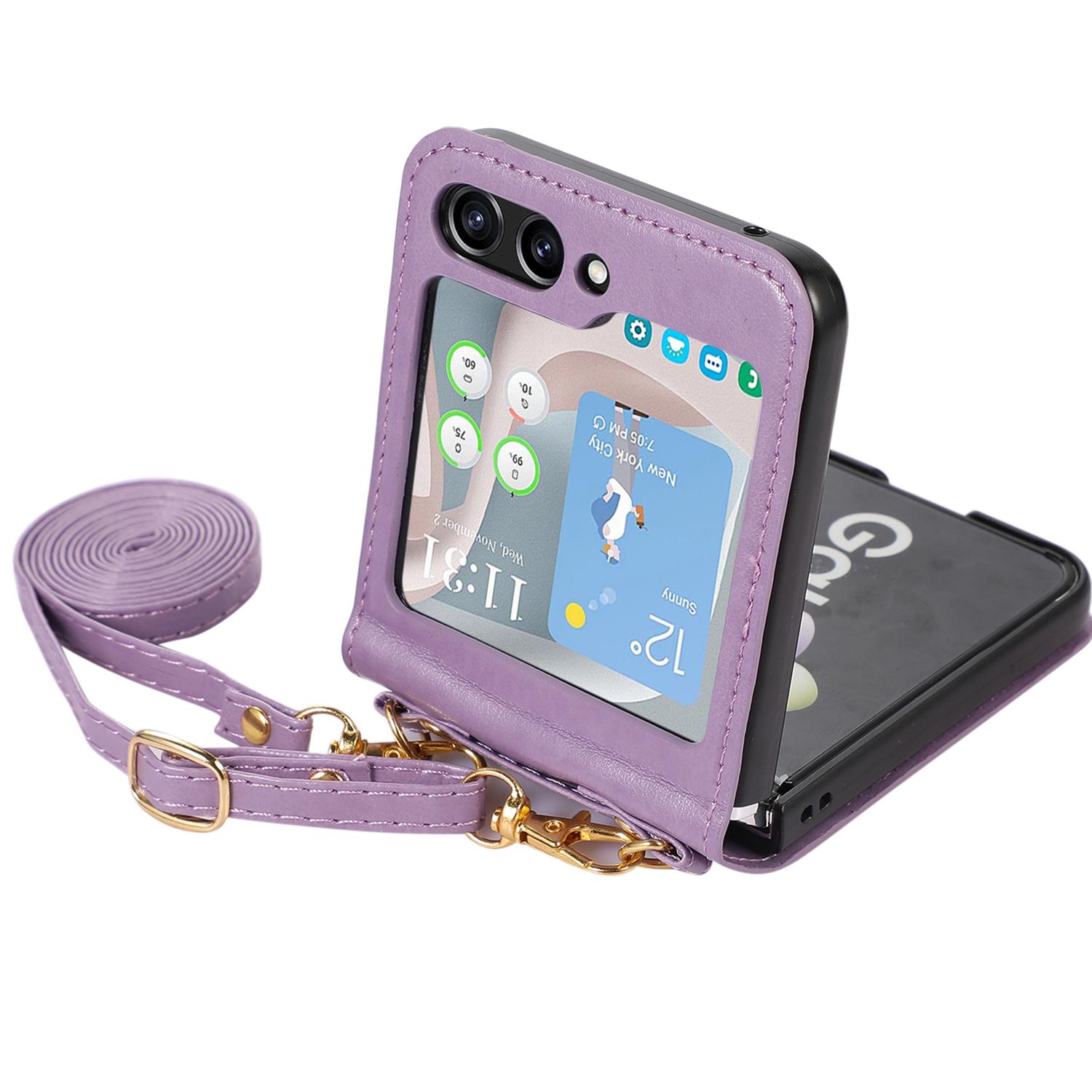 

For Samsung Galaxy Z Flip5 5G PU Leather PC Phone Case Anti-Drop Protective Cover with Shoulder Strap Purple