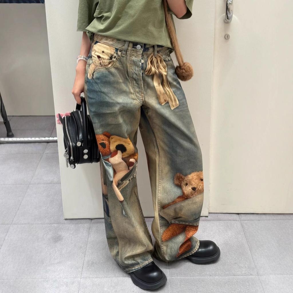 Correct version ac2025 autumn and winter niche design sense bear trompe l'oeil printing loose straight jeans women