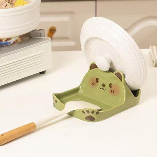 Decorative Kitchen Counter Organizer Cute Bear Pot Lid Holder for Countertop, Multipurpose ABS Plastic Spatula Spoon Rest, Easy Clean Cooking Utensils