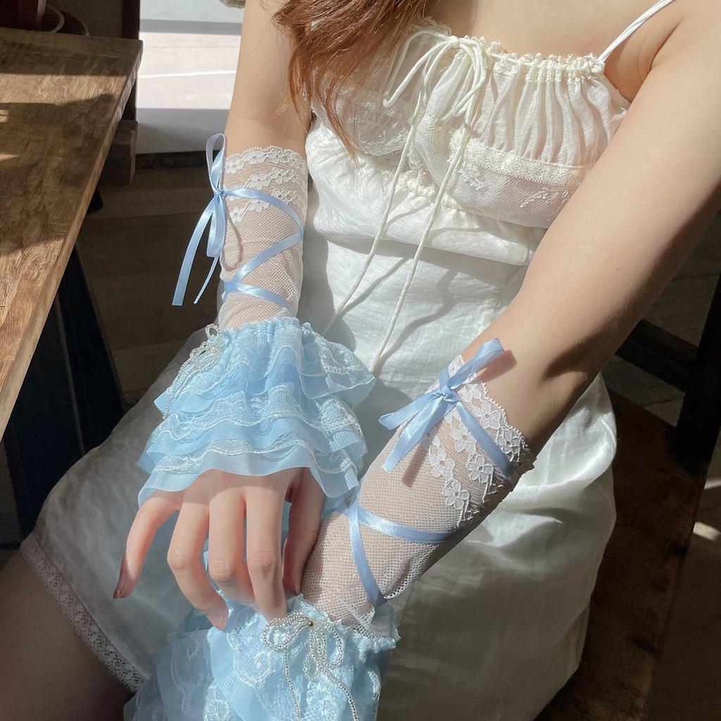 Lace Arm Warmers with Ruffles & Bows, Balletcore Lolita Long Fingerless Gloves for Women, Sweet Gothic Cosplay Costume Accessories