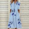 Floral Print V-Neck Mid-Sleeve Casual Dress with Pockets, Button Front, Loose Fit - White/Light Blue/Pink