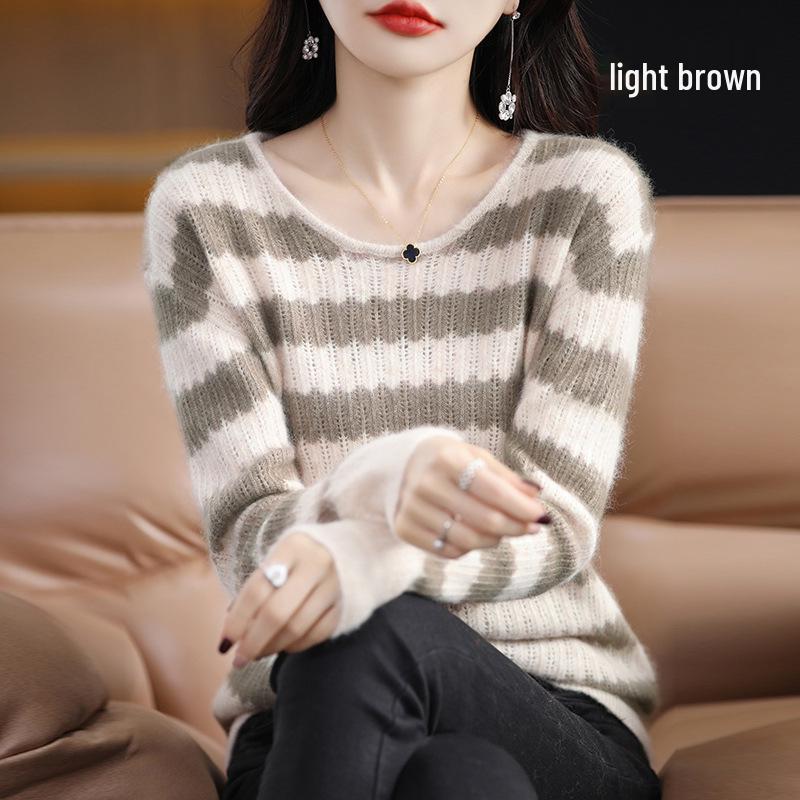 2025 Autumn/Winter Women's Mink Cashmere Color Block Round Neck Sweater – Hollow Out, Warm, Loose Fit