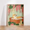 Tuxedo Cat Corgi Fox In a Bath Japanese Style Bathroom Print Vintage Poster Funny Aesthetic Japandi Wall Art Animal Lover Gift