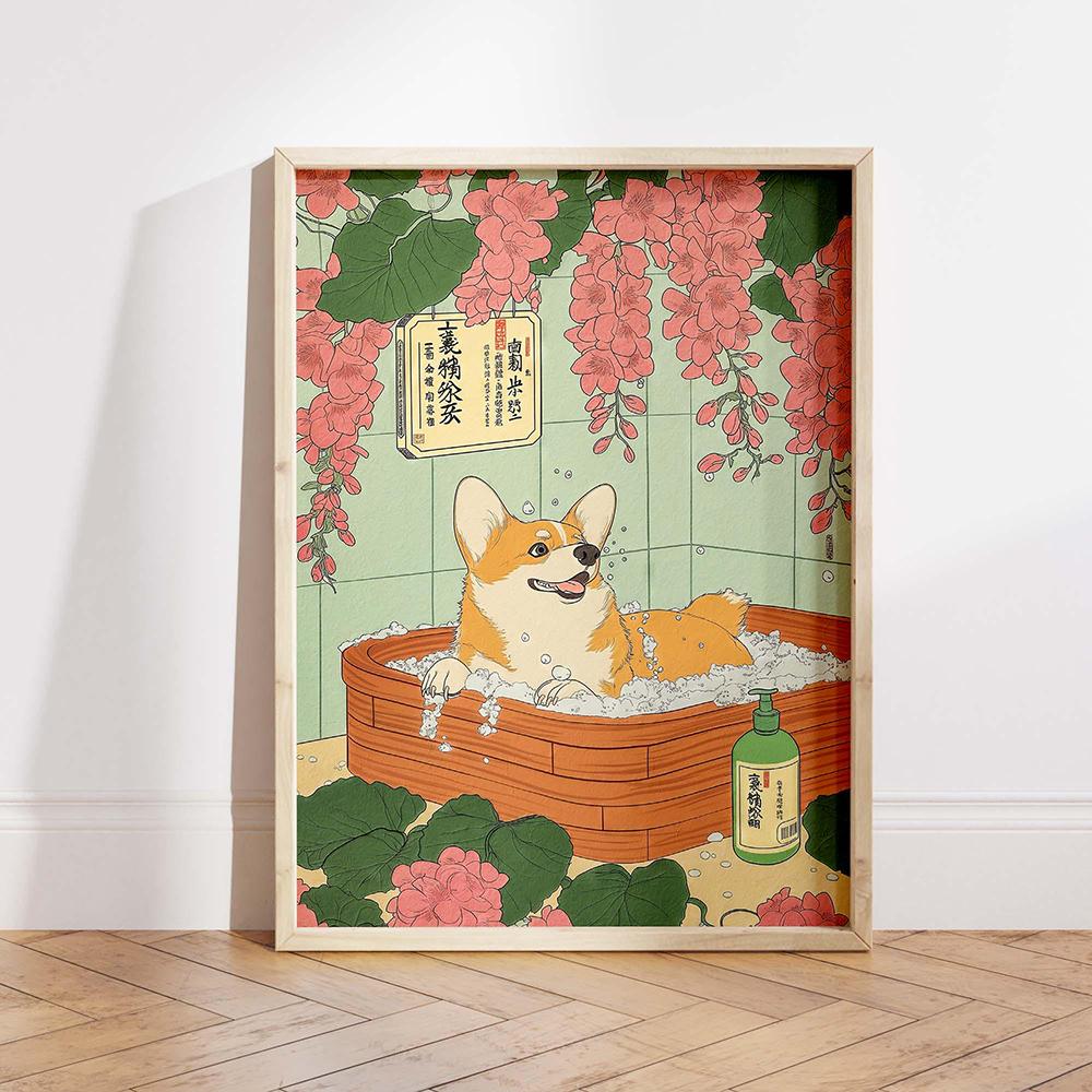 Tuxedo Cat Corgi Fox In a Bath Japanese Style Bathroom Print Vintage Poster Funny Aesthetic Japandi Wall Art Animal Lover Gift