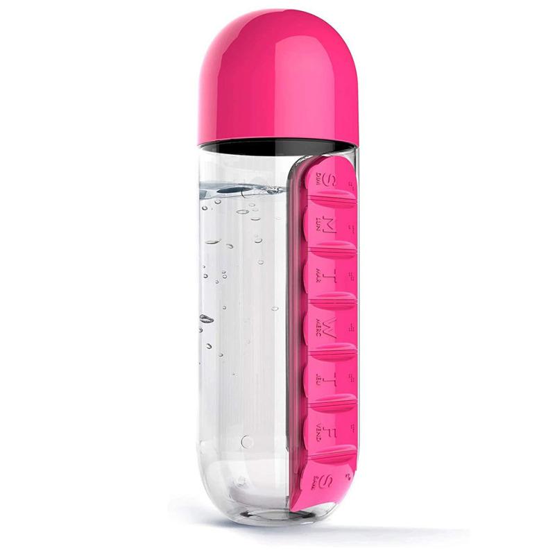 2-in-1 600ml Portable Water Bottle Detachable Large-capacity 7 Day Pill Box Case Weekly Pill