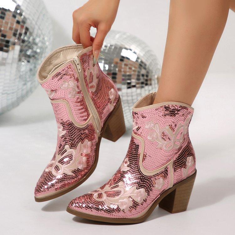 Bottes Courtes Femmes Automne 2026 Paillettes Scintillantes Grande Taille 36-43 Bout Pointu Talon Épais Mode Bottines de Fête Bottes Femmes