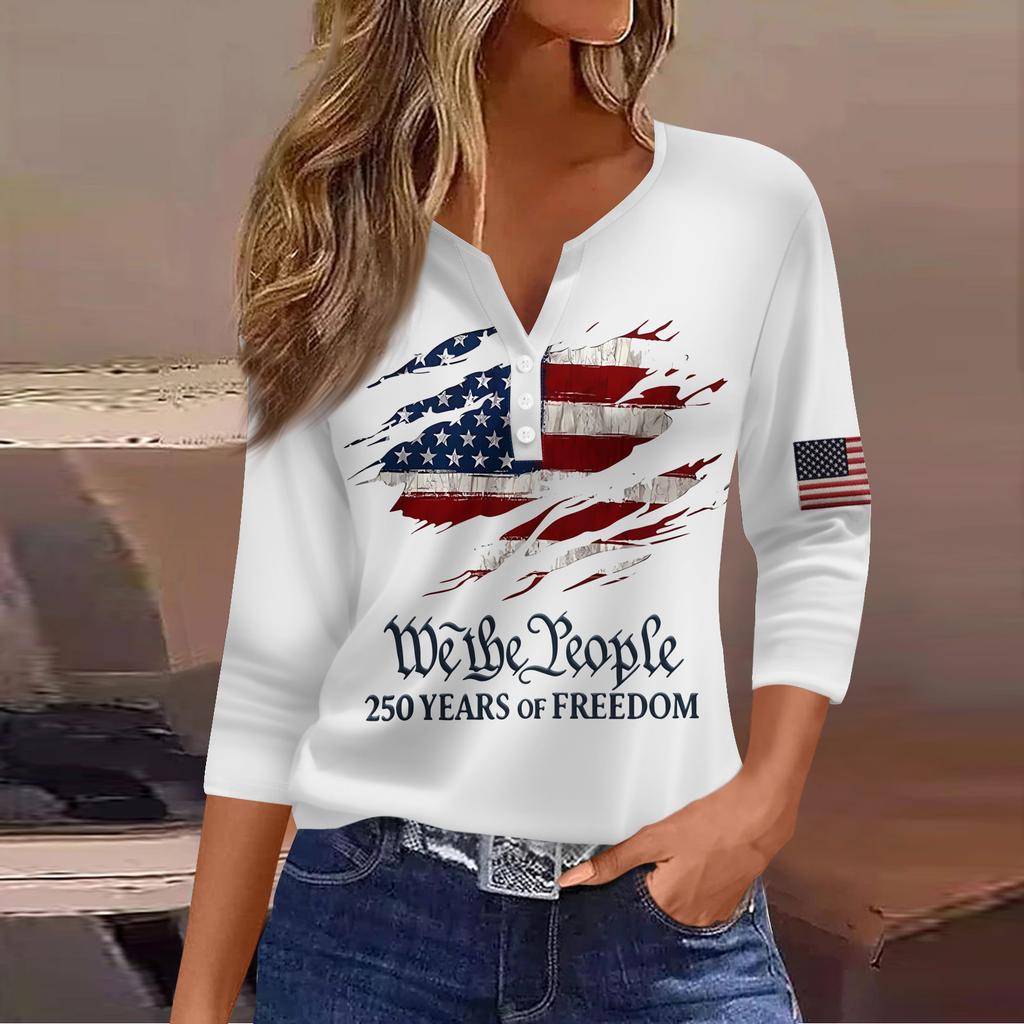 Women's T Shirt Independence Day Print Button 3/4 Sleeve Daily Weekend Fashion Basic V- Neck Regular Top