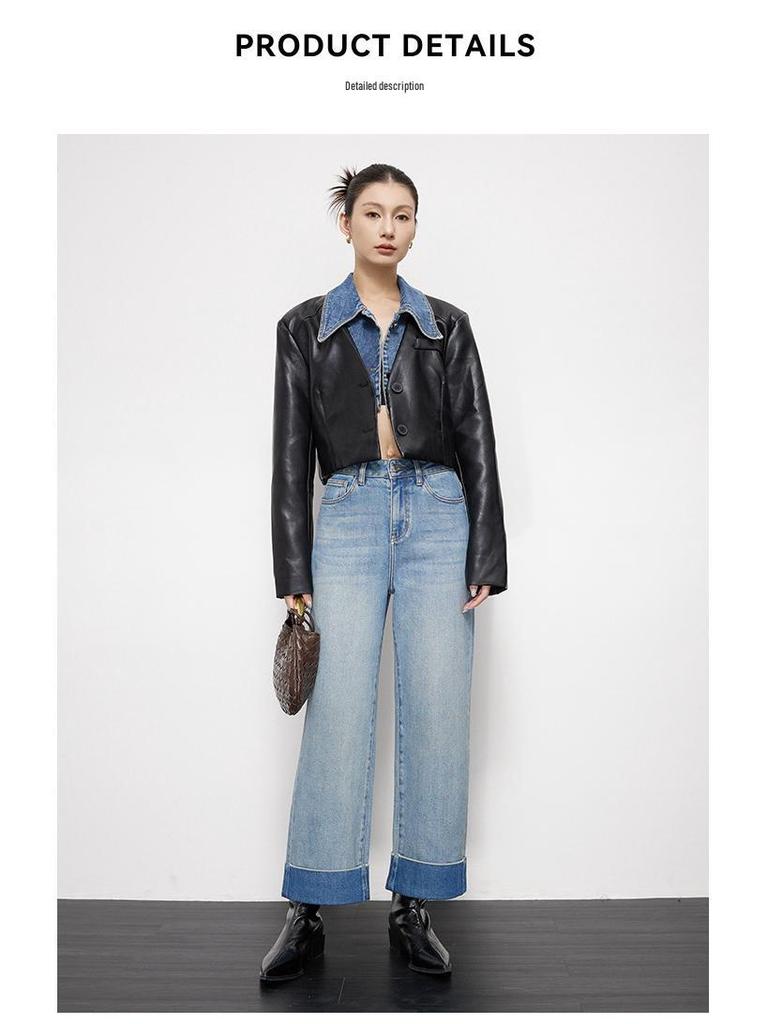 JOCORBEI Contrast Color High-Waist Wide Leg Jeans for Petite Women