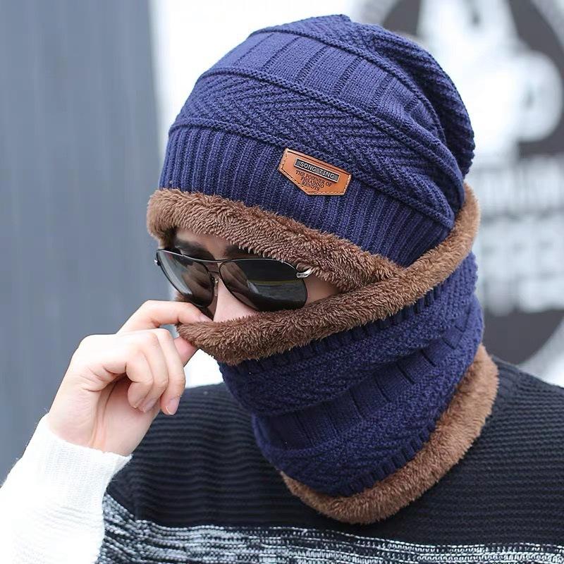 Men's Autumn Winter Warm Two-piece Hat and Neck Warmer Set Outdoor Cold-proof Knitted Woolen Hat and Neckerchief Set for Men