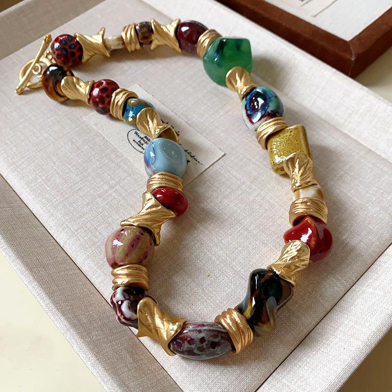 Vintage Floral Round Ceramic Necklace for Women Chokers Party Jewelry Gift