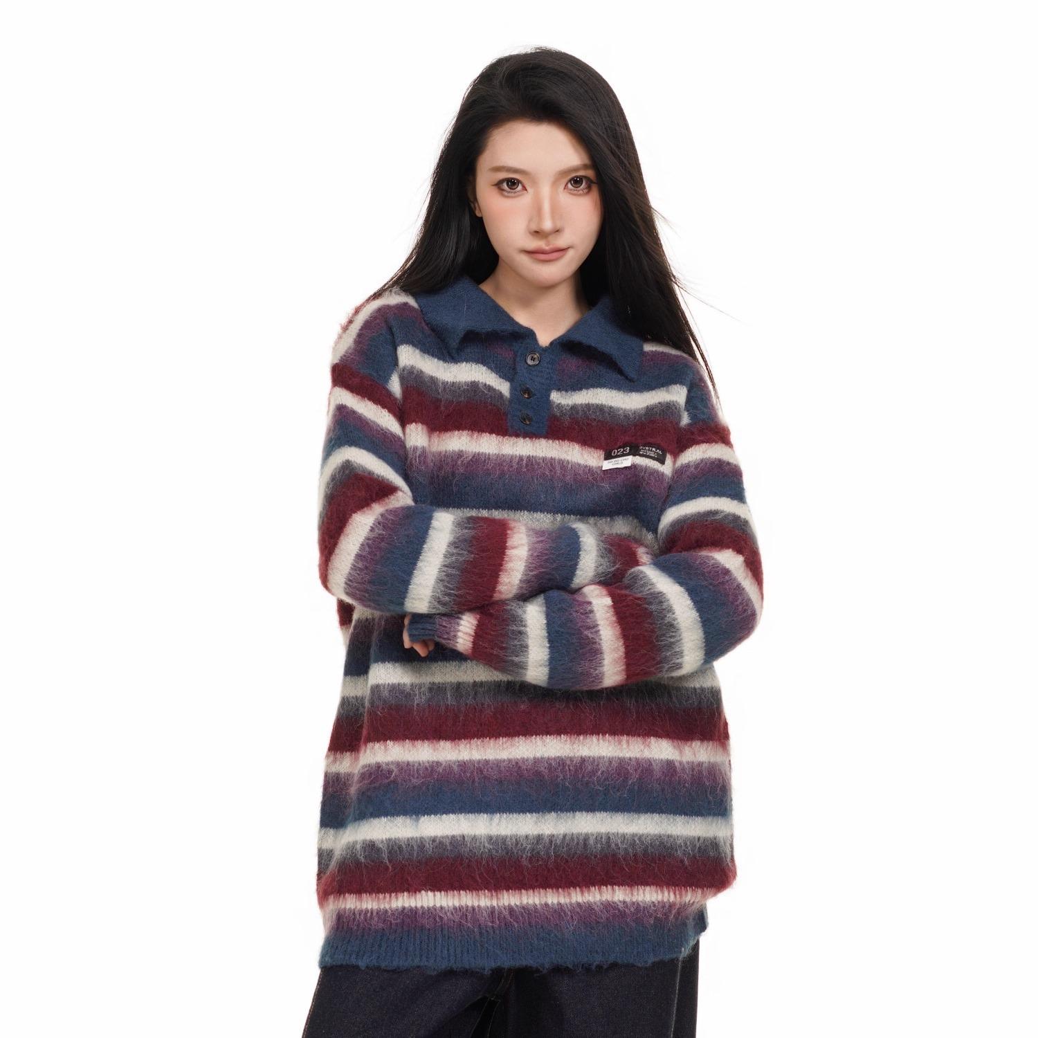 Унисекс Поло-свитер в полоску – Американский Ретро Колледжный Стиль для Осени/Зимы M синий