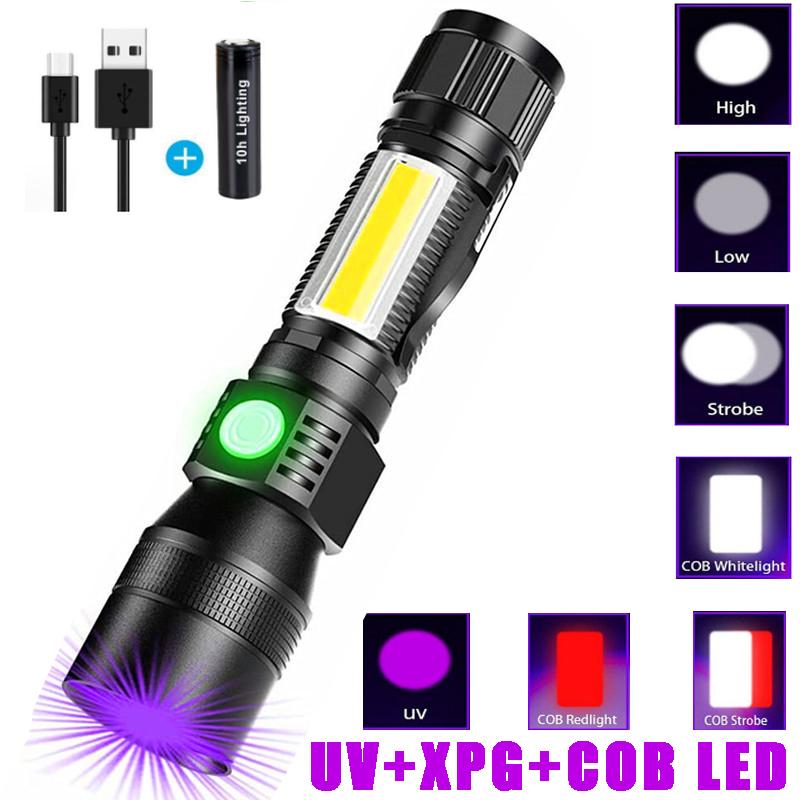 Powerful LED Flashlight Rechargeable UV Light Zoom LED COB High Power Tactical Flashlight Torch Outdoor For Camping Hunting