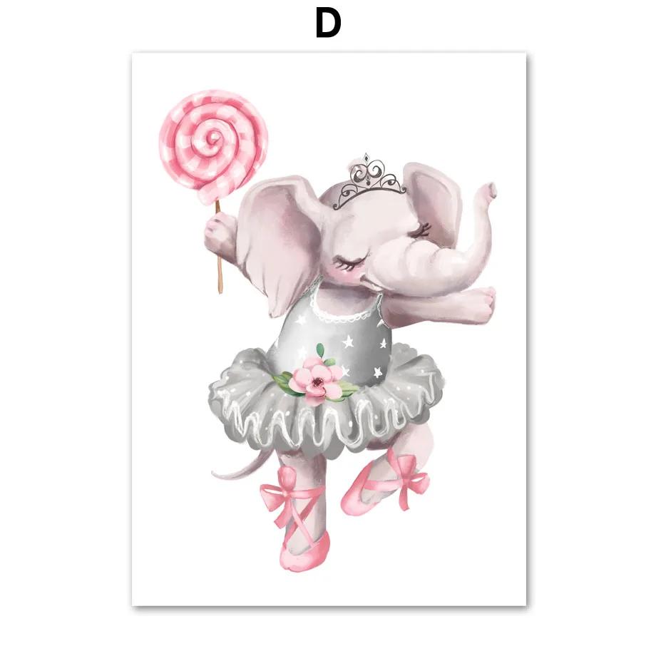 Pink Ballet Bear Rabbit Deer Elephant Flamingo Cat Nursery Wall Art Mural Canvas Painting Poster Print Baby Girl Room Home Decor