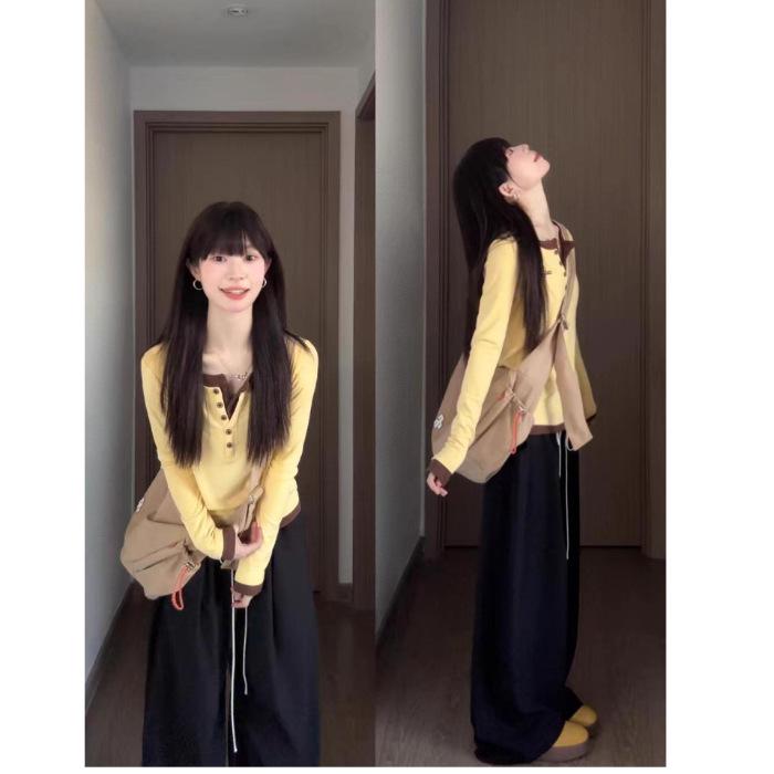 

Korean Casual Yellow Two-Piece Long Sleeve T-Shirt for Women - Slim Fit Autumn Base Layer Extra Large жовтий