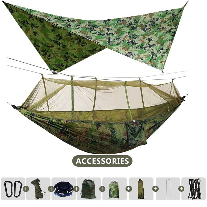 260x140cm Outdoor Double Camping Hammock with Mosquito Net and Rain Fly Tarp Lightweight Parachute Hammocks for Travel Hiking