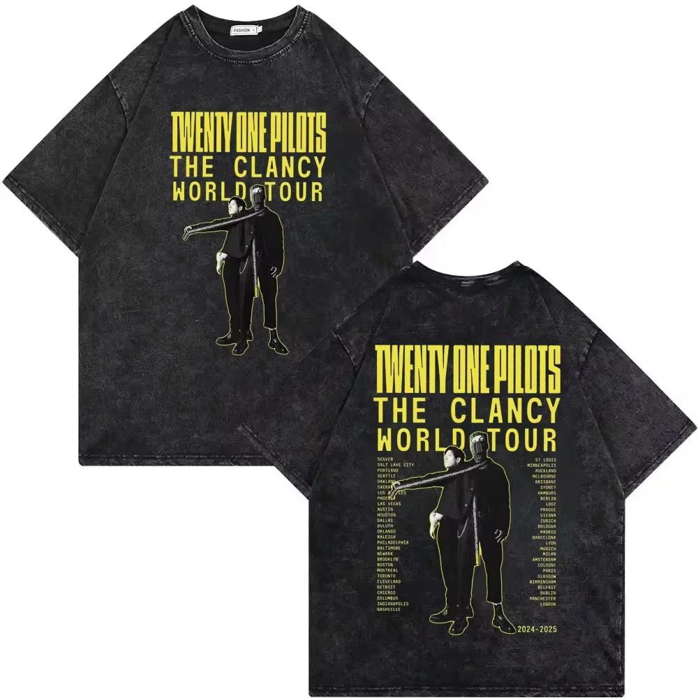 Fashion Vintage Washed T-shirts Casual Loose Pure Cotton T Shirt Streetwear Twenty One Pilots Clancy Tour