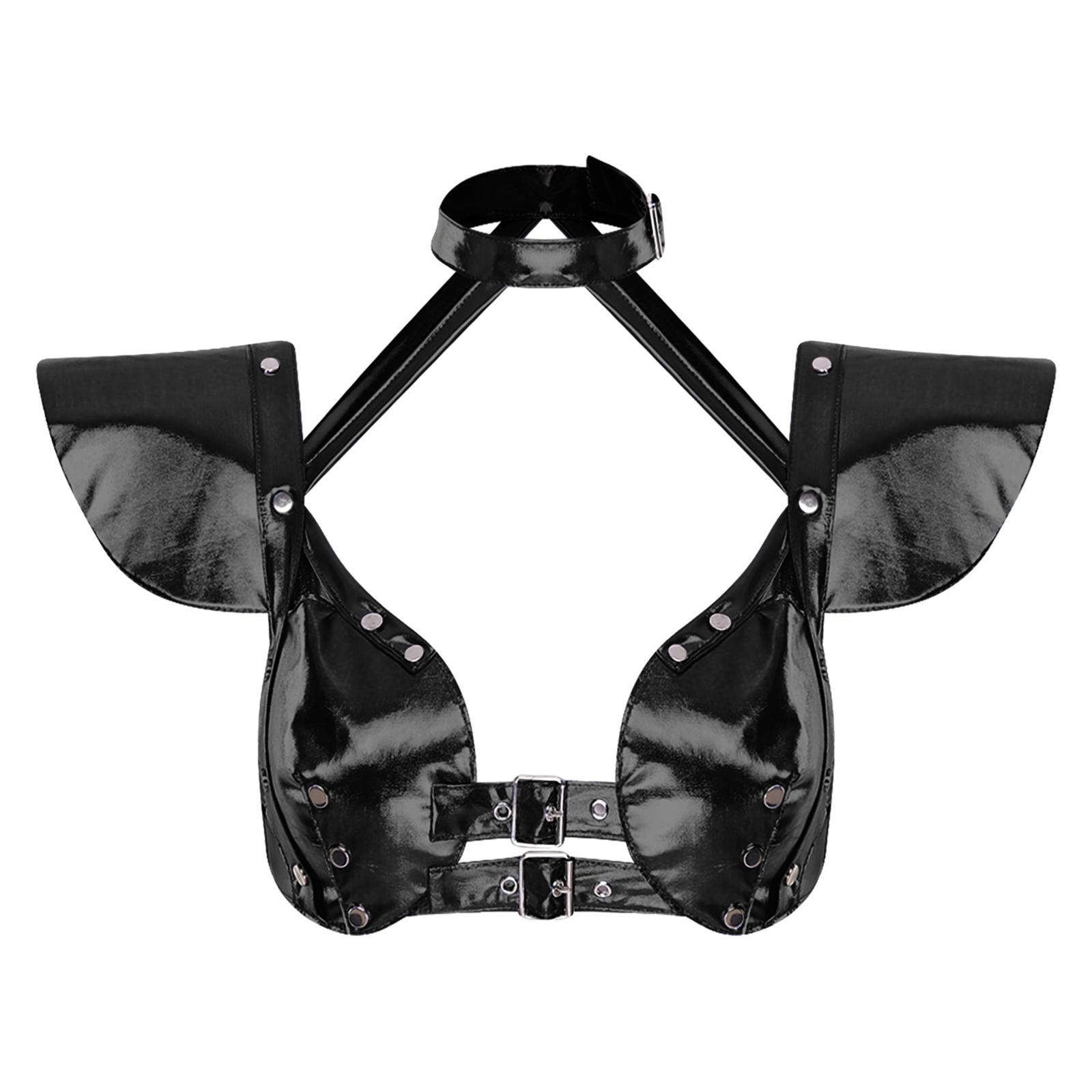 

Womens Gothic Metallic Shiny Crop Top Halter Fly Sleeve Studs Detail Adjustable Buckles Corset Bustiers Top M чорний