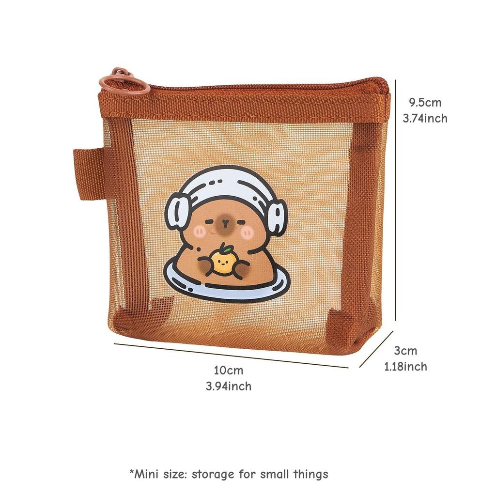 Mini Capybara Mesh Pencil Storage Bag Portable Transparent Pouch for Pens Erasers Cartoon Design Simple Pocket Organizer