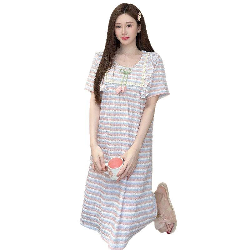 2026 Women's Sweet Casual Mid-Length Plus Size Striped V-Neck Short-Sleeve Nightgown