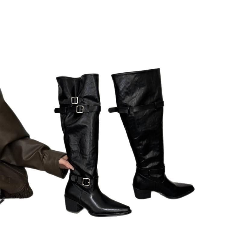 Korean version of retro niche belt buckle two wear pile boots women 2025 autumn and winter new thick heel pointed knee boots