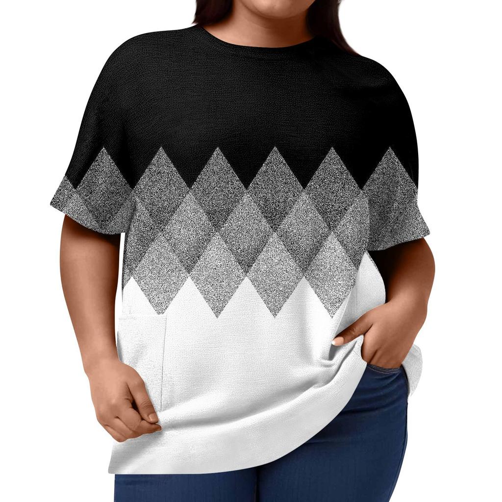 Damen Übergröße Tops Kurzarmshirts Rundhals Bedruckt Lässig Taschen Kleidung Kleidung Tops