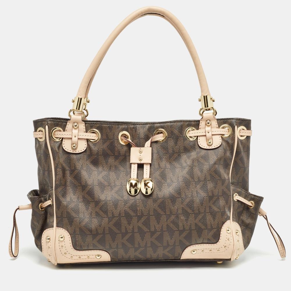

Michael Kors beige Monogram Coated Canvas And Leather Drawstring Bag brown